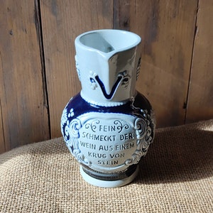 Cobalt blue Salt glazed pottery Wine Pitcher with Grapes and maxim- Fein Schmeckt Der Wein by Marzi and Remy of Germany, Retro Vineyard