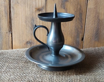 Vintage Pewter Chamberstick, portable Tin pillar candleholder, made by Rio Tiel of Holland