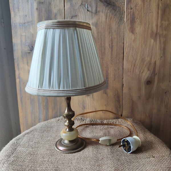 Decorative old table / nightstand lamp , ornamented base and oval alabaster element, bright shade original shade , e27 bulb , Vintage style