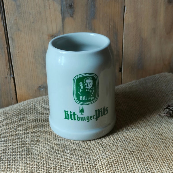 Bright Ceramic barware beer stein Bitburger Pils with green graphics, Rastal 0.5 liter,