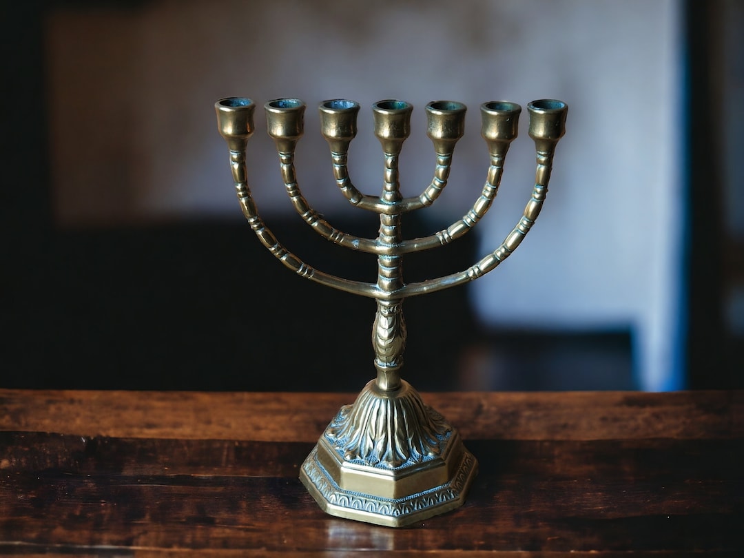Retro Brass Menorah Candlestick With 7 Arms, Jewish Traditional