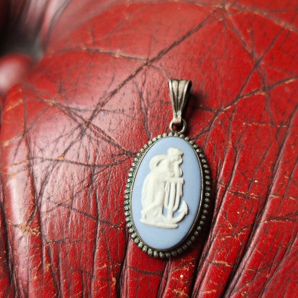 Hope and Anchor - Silver and Light Blue Jasper ware pendant by Wedgwood,  Small oval Cameo pendant, 1969 , Sterling Silver