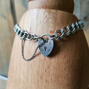 Vintage Sterling Silber Panzer Gliederarmband: 1963 Herz Vorhängeschloss Anhänger