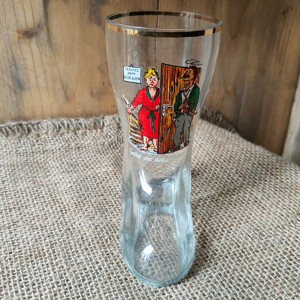 Funny German Beer Boot Glass, shoe shaped glass with the scene about the consequences of drinking, Humor,  Breweriana , vtg drinkware