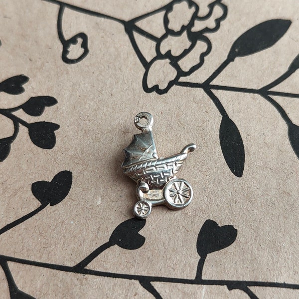 Silver Stroller vintage charm, 835 Silver from Holland, Spoked wheels and straw body, Mother to Be, New born, First Child, Retro style