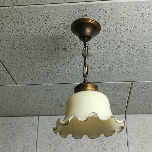 Cream Flower shaped pendant lamp, Vintage Milk Glass shade and brushed brass base by Herda from Netherlands, e27 fitting, Retro lighting