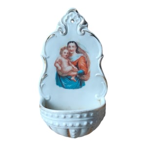 Vintage Porcelain Holy Water Font with Jesus and Holy Mary - Thick Porcelain with Golden Accents - Religious wall decor