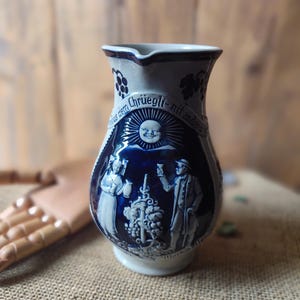 Vintage German Wine Jug: Cobalt Blue Pottery with Grapevine Decor