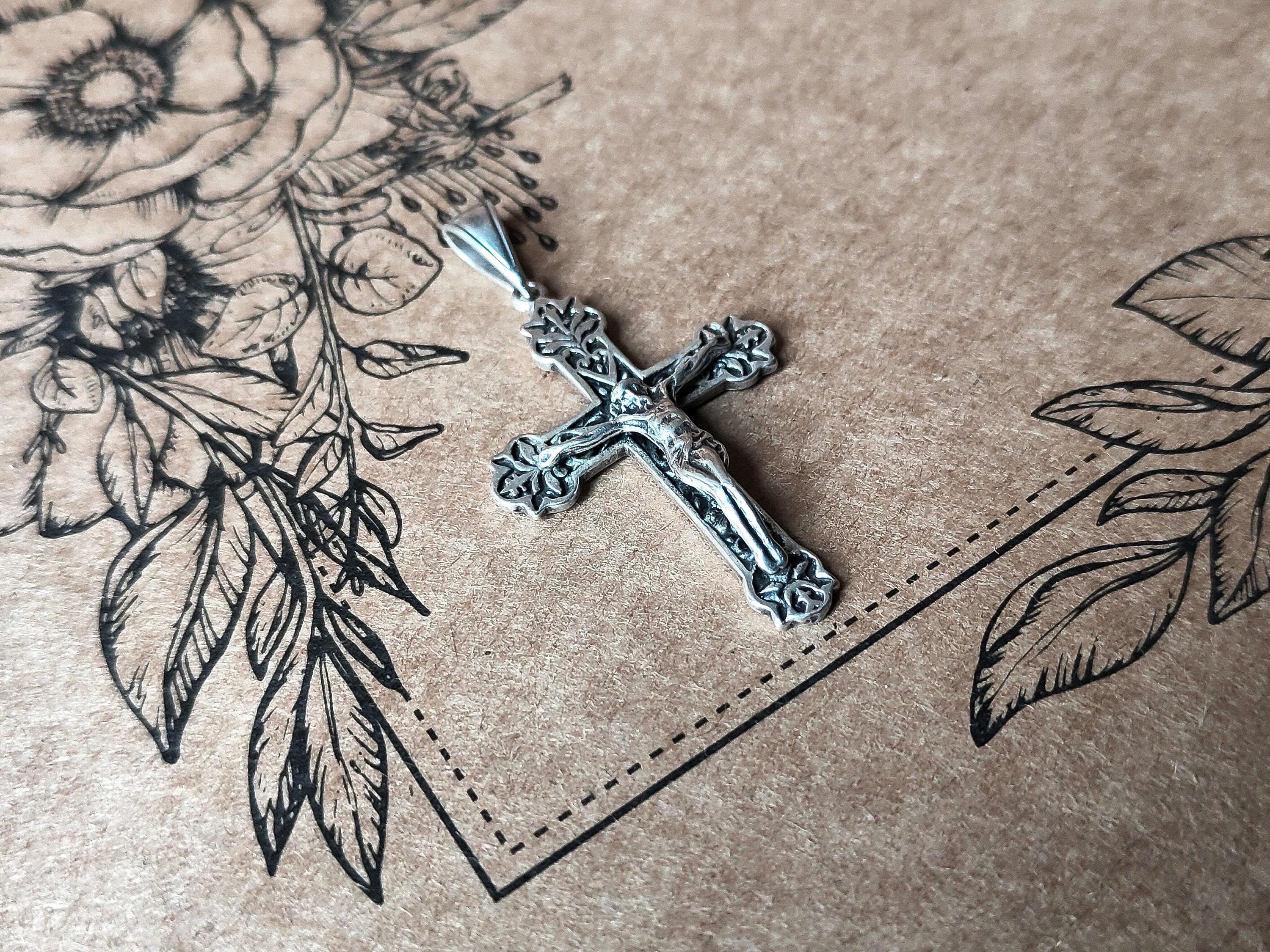 ヴィンテージ スターリングシルバー イエス・キリストの十字架 - 花