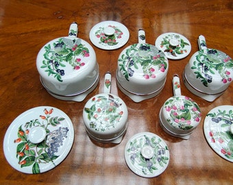 Set von 5 Limoges Aluminite Frugier 1970er Jahre Töpfe mit Beeren Motiv Einzigartiges Set mit Deckeln, Hochzeits- / Einweihungsgeschenk für Vintage Style Küche