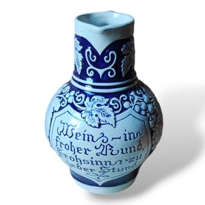 Cobalt blue Salt glazed pottery Wine Pitcher with Grapes and maxim by Gerz West Germany, Retro Vineyard, 1 Liter