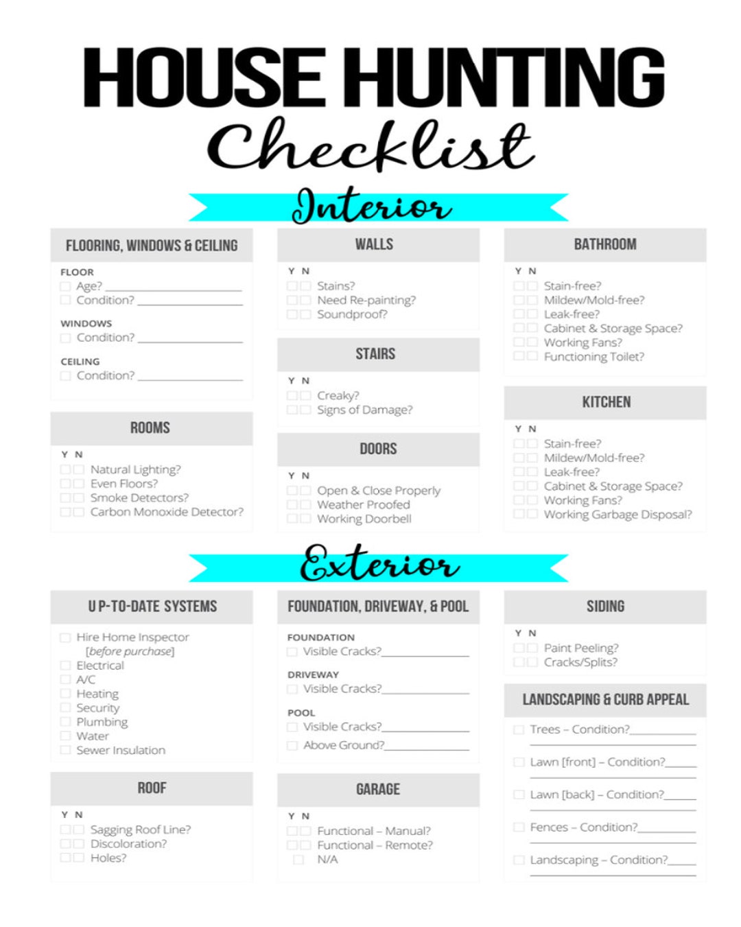 Housing Checklist, First Time Home Buyer, House Hunting Checklist