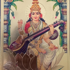 Picture/ Saraswathi Devi/ Veena/ Gold Foil Picture/ Puja Item/ Gifting Picture/ God Picture/ Gold Foil Sheet Picture/ Goddesses Saraswathi