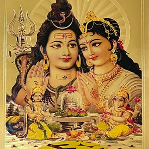 Shiva & Parvathi/ Gold Foil Picture/ Frames/ Photo/ God/ Divine/ Gift/ Praying/ Puja Item/ Shiva, Parvathi Family/ Lingam