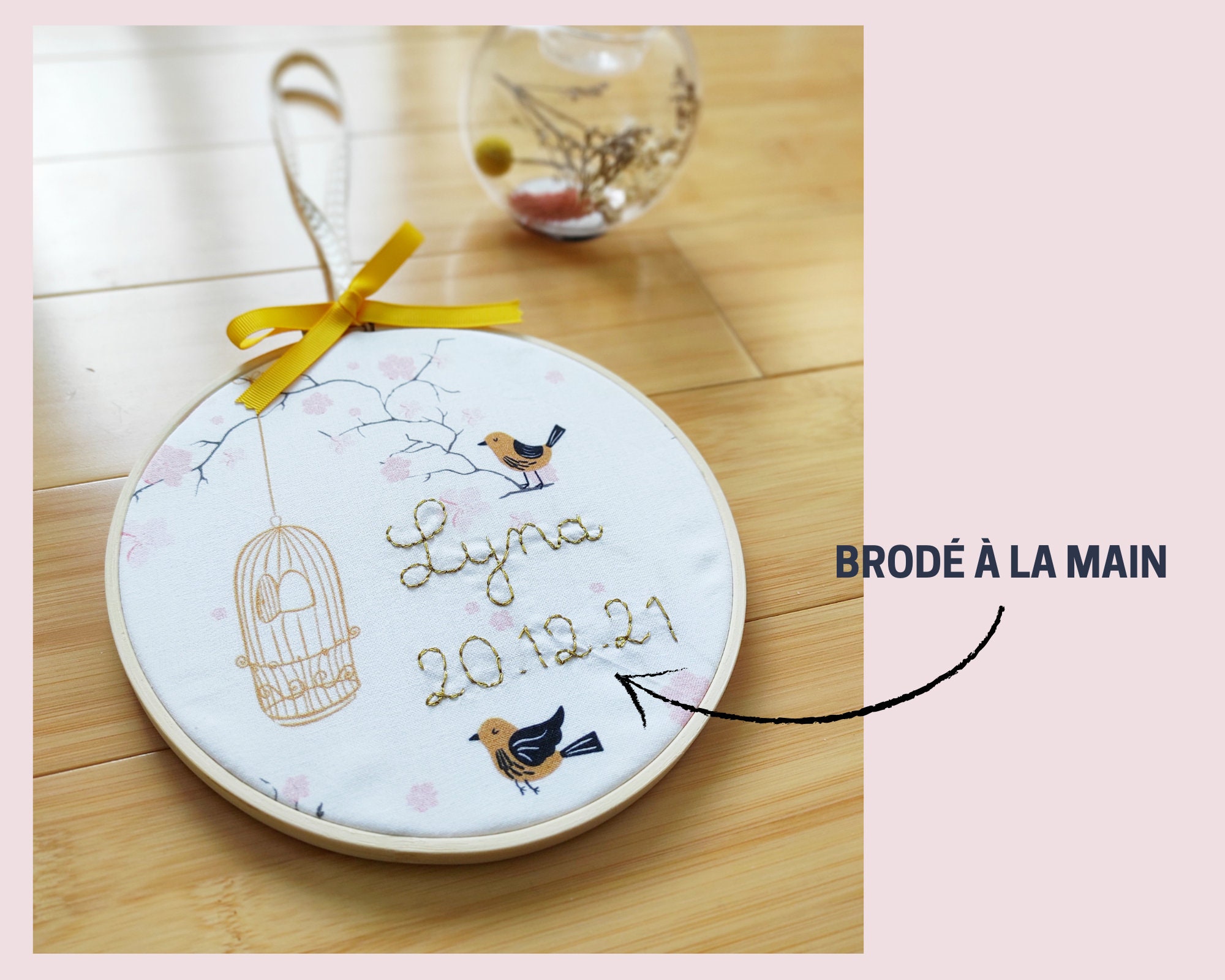 Tambour Personnalisé/Prénom Brodé à La Main Cadeau de Naissance/ Personnalisé/ Tissus Au Choix