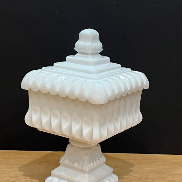 White Milk Glass Lidded Wedding Cake Dish or Candy Dish by Westmoreland, 1950’s