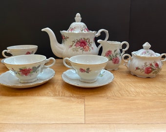 White Porcelain and Roses Tea Pot, Cups and Saucers, Sugar and Creamer, Vintage