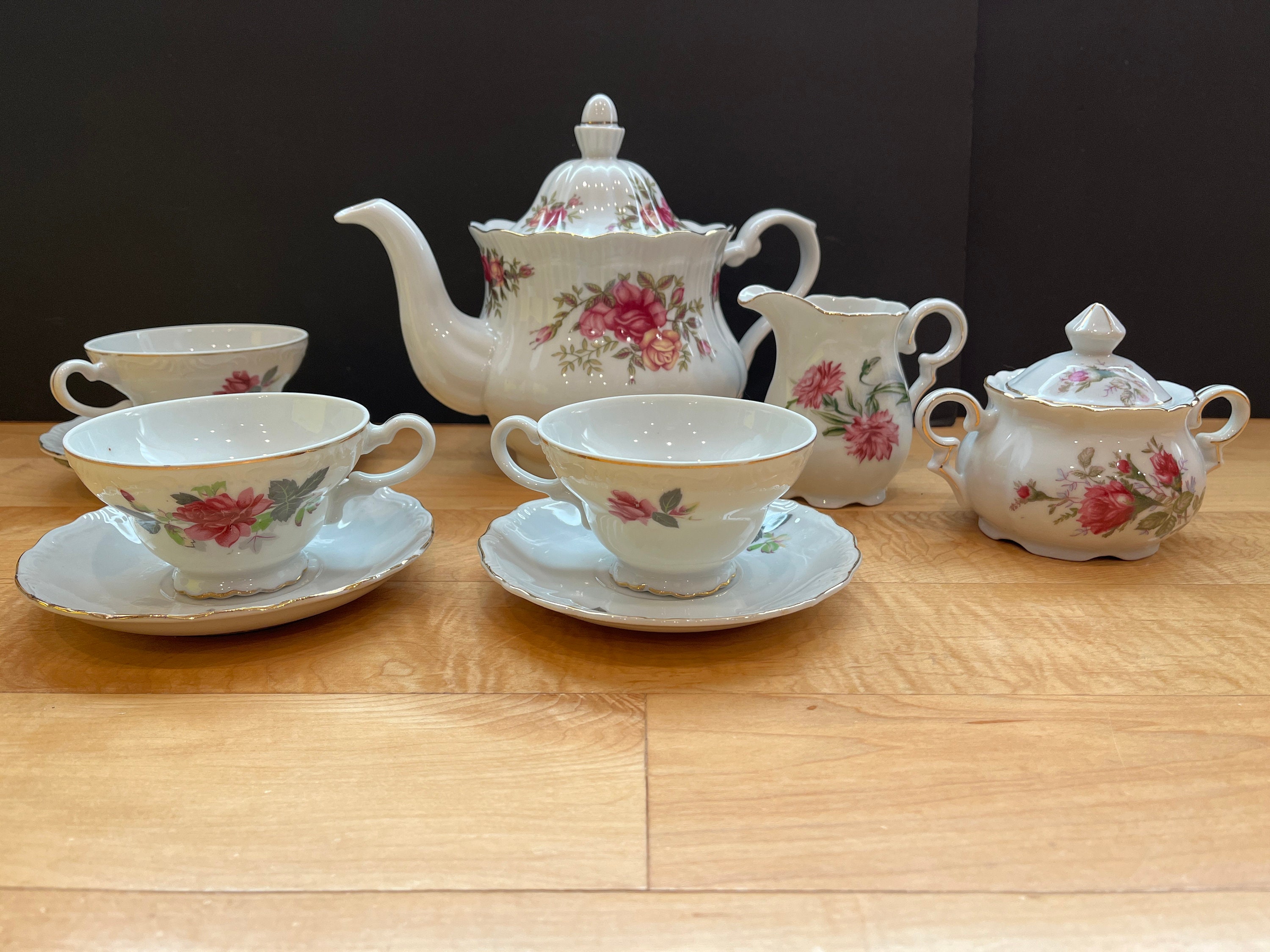 White Porcelain and Roses Tea Pot, Cups and Saucers, Sugar and Creamer