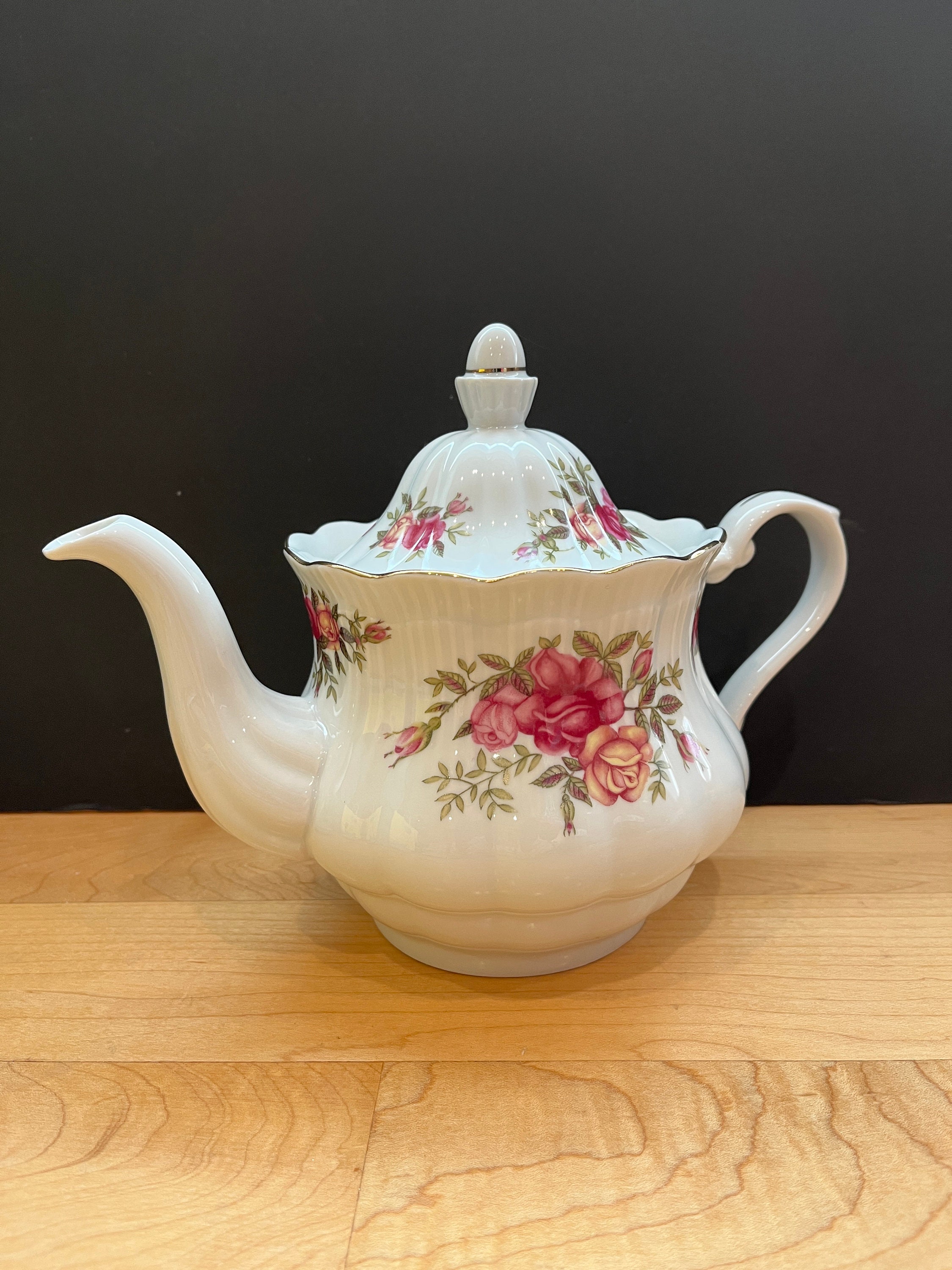 White Porcelain and Roses Tea Pot, Cups and Saucers, Sugar and Creamer