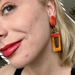 Unique firey dangle earrings with gold semicircle findings / handmade / polymer clay / nickel-free post backing
