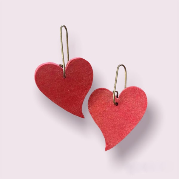 Valentine’s Day red heart earrings / antique gold ear wire / handmade / polymer clay / shimmery