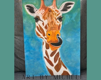 Oeuvre d'art originale de Géraldine la girafe, artiste signée, dessin au crayon sur fond acrylique Papier épais grain fin de qualité supérieure 200 g, A3