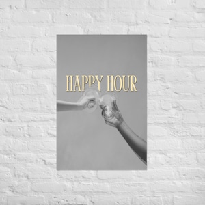 Póster estético de Happy Hour: arte mural retro en blanco y negro, decoración de bar retro, impresión de cócteles para cocina, póster estético