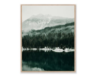 Mountain Wall Art Digital Print | Misty Green PNW Lake | Washington Fir Tree Forest | Scenic Landscape Decor | Modern Printable Download |