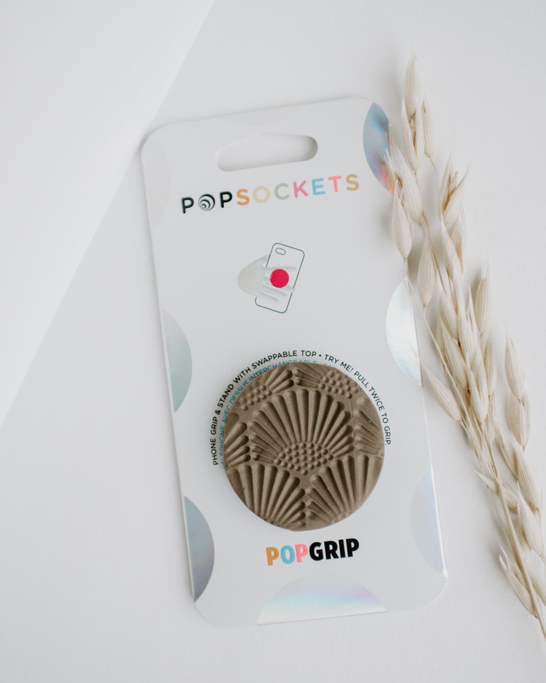 Simple Gift Idea Neutral Clay Phone Stand Phone Accessories Modern Earth Tones Minimal Phone Grip Raw Umber Art Deco Fan Pattern