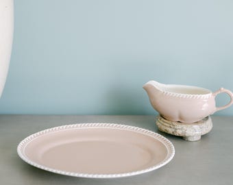 Vintage Blush Plate & Gravy Boat Set | Soft Pink Ceramic Serving Set | Romantic Cottage Kitchen Decor