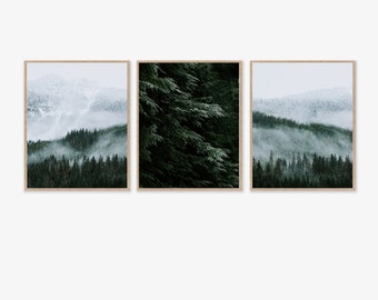 Mountain Wall Art Set of 3 Digital Print | Misty Green PNW | Washington Fir Trees | Modern Minimalist Home Decor | Printable Download