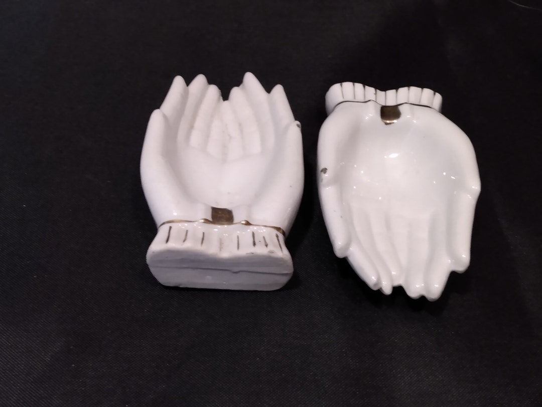 Pair Cupped Hands Personal Ashtrays White Glass Gold Trim Etsy