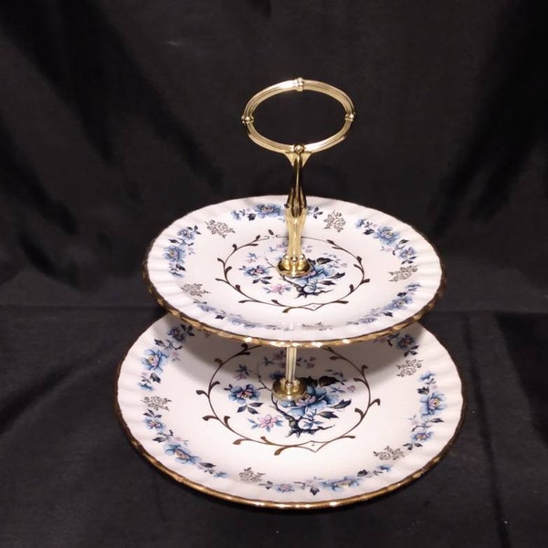 Two Tiered Tidbit Tray in Blue Floral Wood & Sons Avon Ironstone