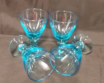 4 Capri Blue Blown Glass Wine Glasses