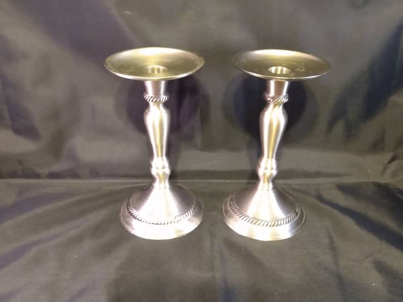 Pair of Pewter Candlestick Holders With Rope Design Trim Etsy