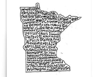 Hand-drawn Minnesota Map of Cities Print