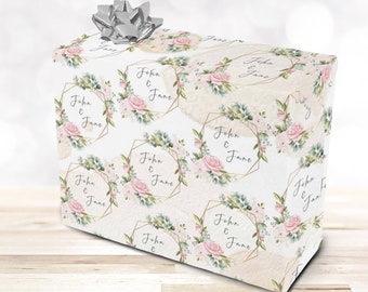 Custom Wedding Wrapping Paper, Floral Wreath Design, Personalized Names