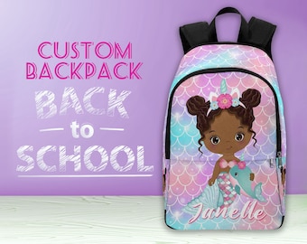 Personalized Afro Girl Backpack for Kids, Custom Pink Girl School Bag, Mermaid Backpack, Backpack with Name, Lunch Bag