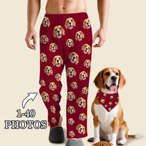 May include: Burgundy pajama pants with a repeating pattern of beagle faces. A beagle dog wearing a bandana with faces sits next to the pants. The text "1-40 PHOTOS" is in the lower left corner.