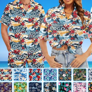 May include: A Hawaiian shirt and shorts set with a tropical floral print in red, white, and blue. The shirt features a button-down design with short sleeves. The text "YOUR LOGO" is printed on the shirt and shorts. The shirt is paired with denim jeans.