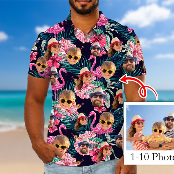 Custom Hawaiian Polo Shirt with Face, Personalized Photo/Logo Polo Shirt for Men, Custom Face Shirt, Custom Short Sleeve, Gift for Him