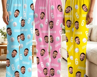 Custom Baseball Photo Pajama Pants, Face Name Pajamas, Christmas Team Gift Sleepwear