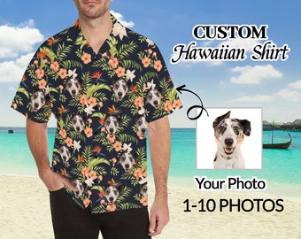 Chiens Chats Animaux Visages Chemise hawaïenne, Chemises personnalisées pour le visage, Chemise hawaïenne personnalisée pour homme avec visage, 1-10 photos différentes sur la chemise
