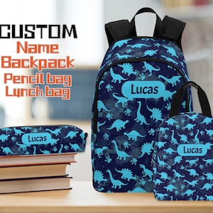 Sac à dos d'école bleu personnalisé pour enfants, Ensembles de sacs personnalisés dinosaure pour garçons, Sac à dos d'école, Boîte à lunch avec nom, Pochette à crayons, Sac à lunch