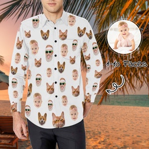 May include: A white button-down shirt with a repeating pattern of faces and animals. The faces are of people and animals, including cats, dogs, and a person with a beard. The shirt has a pocket on the left side. The text "1-10 Faces" is visible in the image.