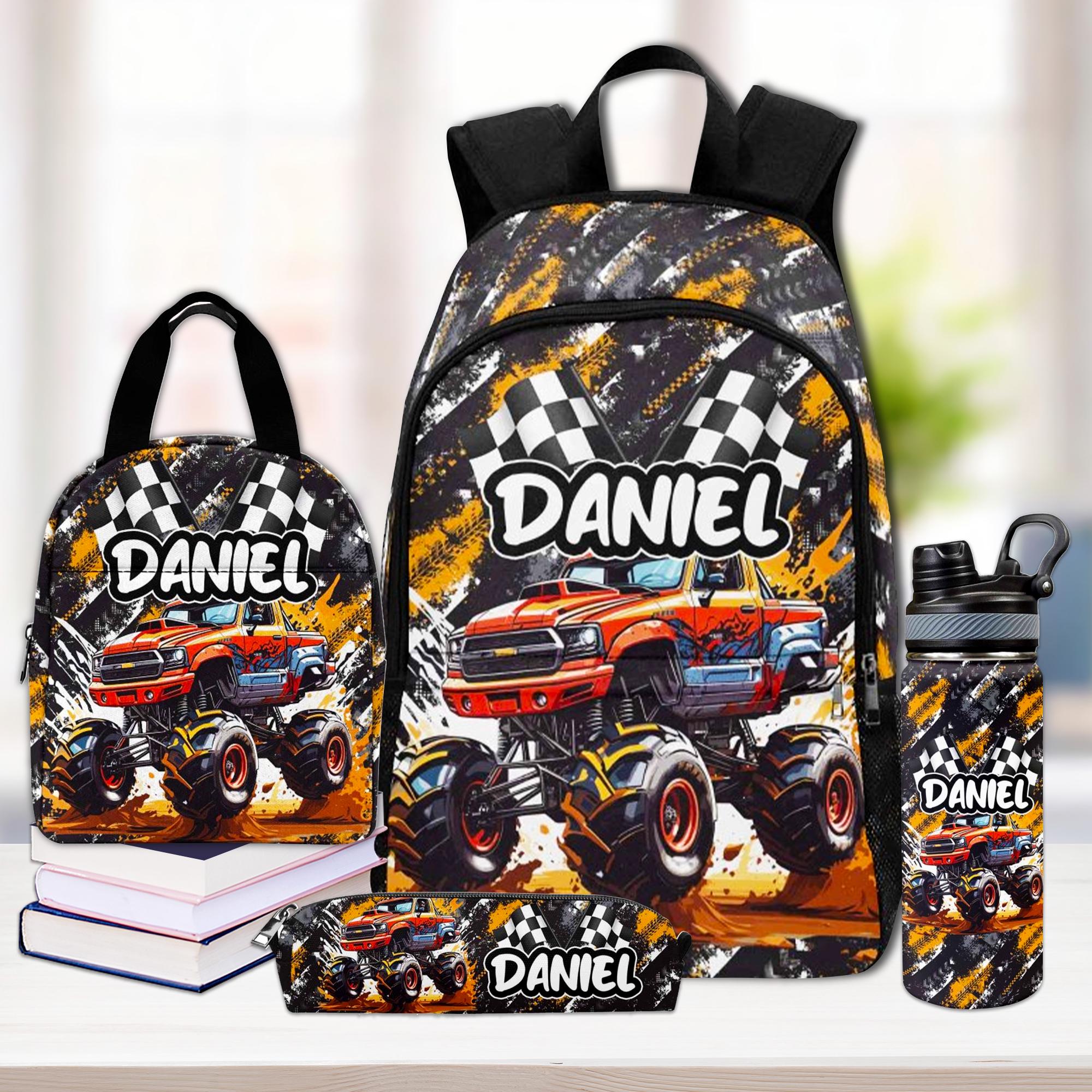 Custom Monster Truck Backpack with Name, Custom School Bag for Toddler Boy, Custom Name Backpack, Boys Backpack Set, Back to School Gifts