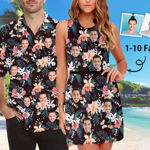 Personalized Face Hawaiian Shirt and Beach Dress, Custom Summer Floral Beach Dress for Women, Couples Matching Outfits for Vacation