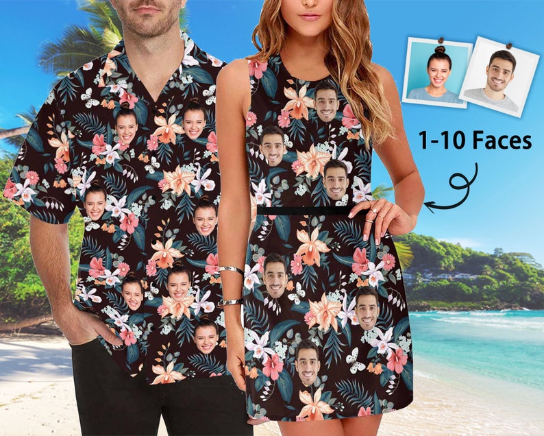 Personalized Face Hawaiian Shirt and Beach Dress, Custom Summer Floral Beach Dress for Women, Couples Matching Outfits for Vacation 