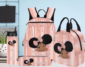 Custom Afro Girl Backpack, Personalized Bookbag for Girls, Custom School Bag, Custom Lunch Bag Set, Personalized Water Bottle for Kids