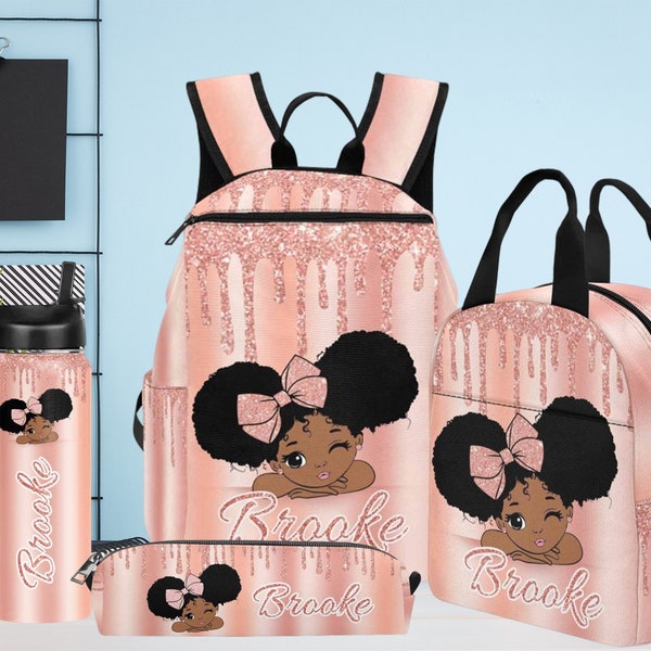 Custom Afro Girl Backpack, Personalized Bookbag for Girls, Custom School Bag, Custom Lunch Bag Set, Personalized Water Bottle for Kids